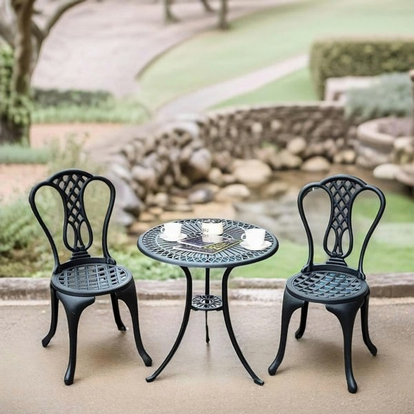 Rafaelo Mobilia Set of 3 Cast Aluminium Bistro Table And Chair Black