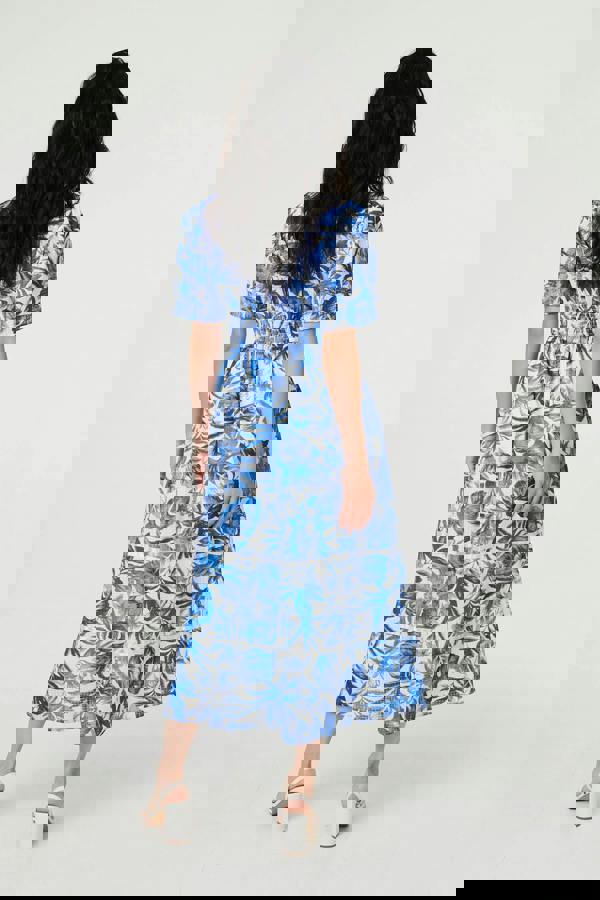 Blue | Leaf Print 1/2 Sleeve Tiered Midi Dress