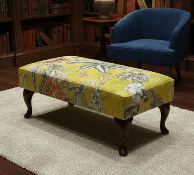 ISTOOLS Premium Zen Floral Footstool Ottoman – Yellow Bird Print Pouffe Footrest for Living Room Decor - 30 x 20 Inches (76 x 51cm)