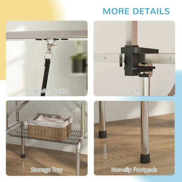 Grooming table details: sling buckle, clamp, storage tray, and non-slip footpads