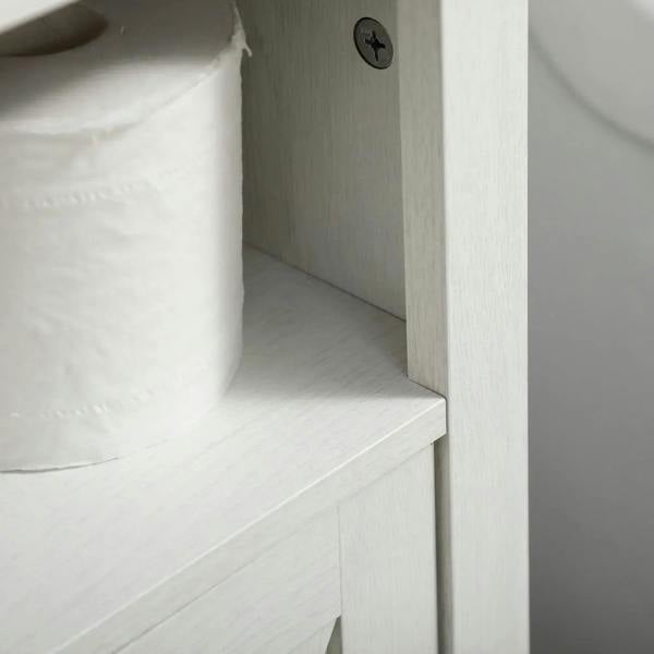 Close-up of white cabinet interior side panel and shelf edge with black hinge detail