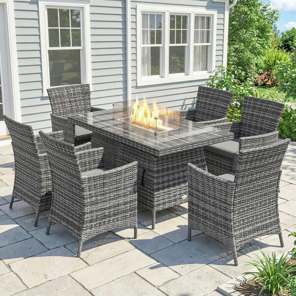 Outsunny Rattan Dining Set with Fire Pit Table and Armchairs, Black - Grey