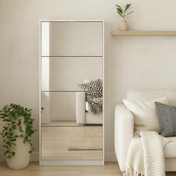 Wyld Haus Prague White Shoe Cabinet 4 Flip Down Mirror Doors