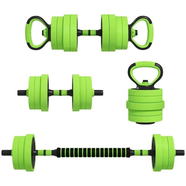 Green adjustable dumbbell barbell set with ring grips and stacked weight plates