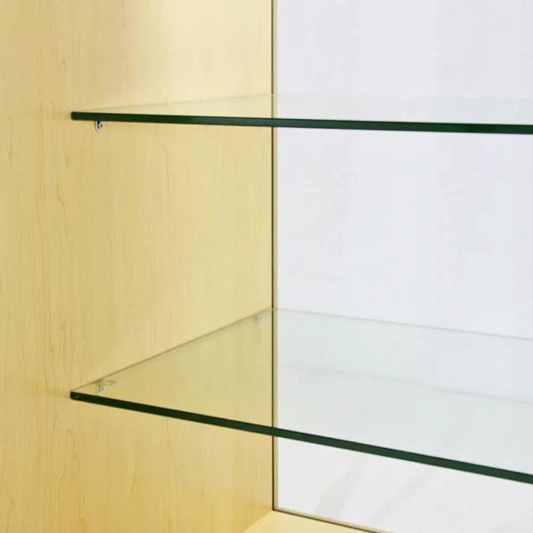 Maple Glazed Product Display Counter K1200 featuring smooth wood finish, two glass shelves, and sleek modern design for showcasing items
