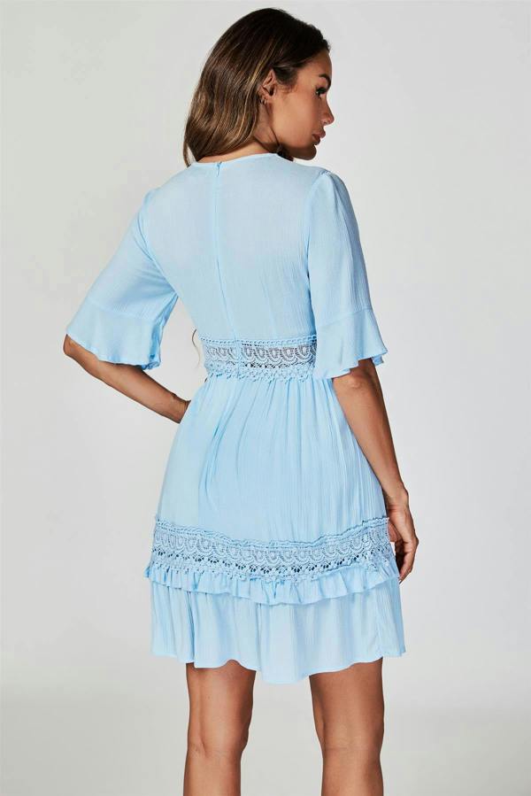 FS Collection V Neck Lace Mini Dress In Light Blue