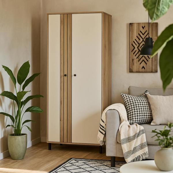 Wyld Haus Sandy Mauvella Oak Double Door Wardrobe with Fluted Front and Shelves