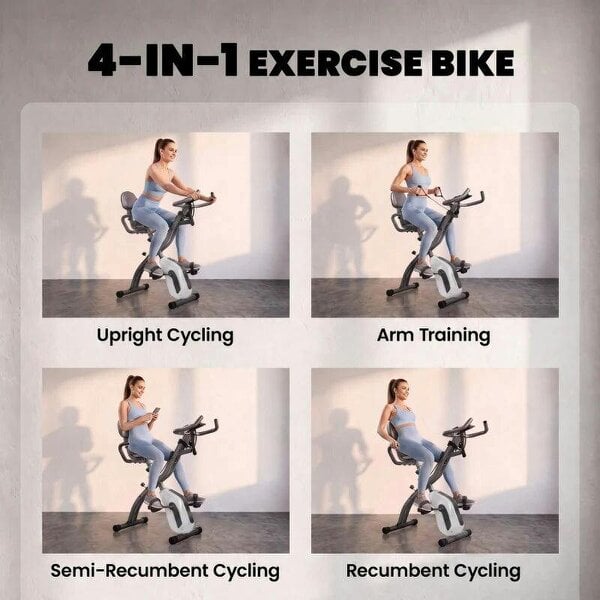 4-In-1 Folding Exercise Bike with Resistance Bands, Bluetooth App, 8-Level Magnetic Resistance, LCD Display, Grey
