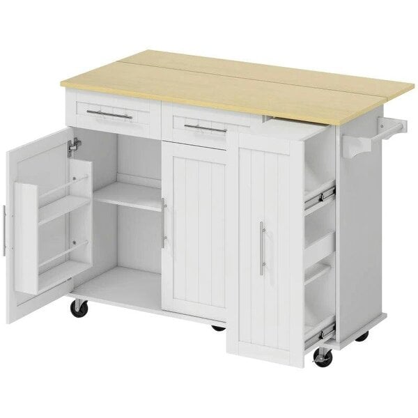 Kitchen Island, Rolling Kitchen Cart with Drop Leaf, Storage Trolley, Pull-out Storage, Drawers and Towel Rack, White