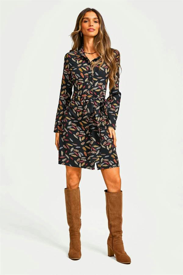 FS Collection Leaf Print Tie Front Mini Shirt Dress In Black