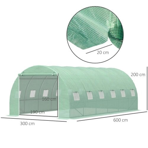 Bobobiy 6 x 3 x 2 m Polytunnel Greenhouse with Roll-up Door and 12 Mesh Windows, Green