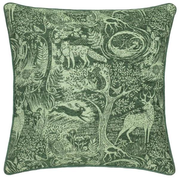 Furn Winter Woods Chenille Animals Cushion Cover - Emerald - 