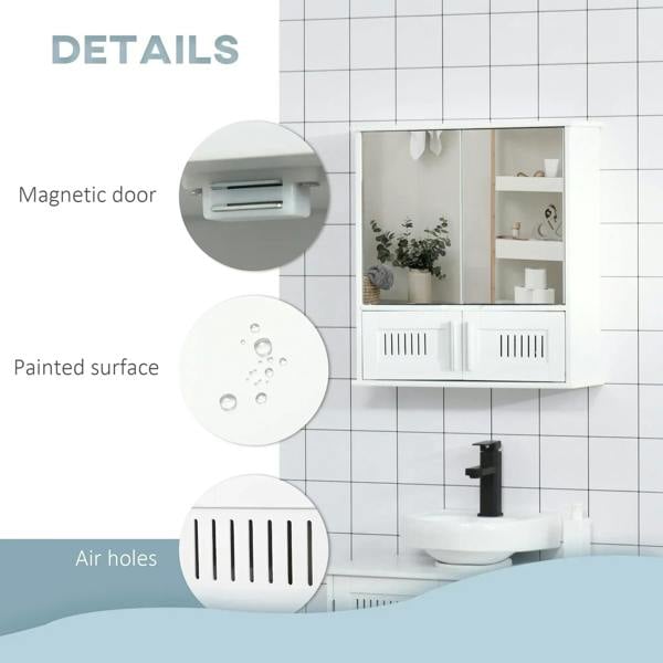White bathroom mirror cabinet details: air vent panels, magnetic-style door latch, painted finish