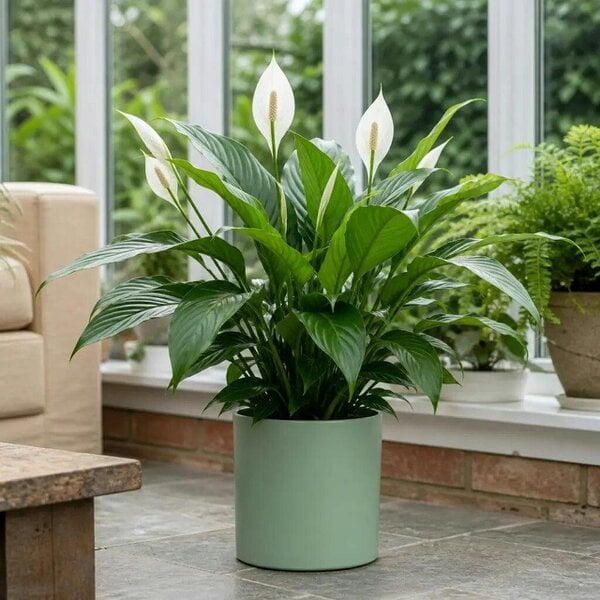 Spathiphyllum Peace Lily – Elegant White Flowers and Glossy Green Indoor Houseplant - Sofia Matt Sage Ceramic