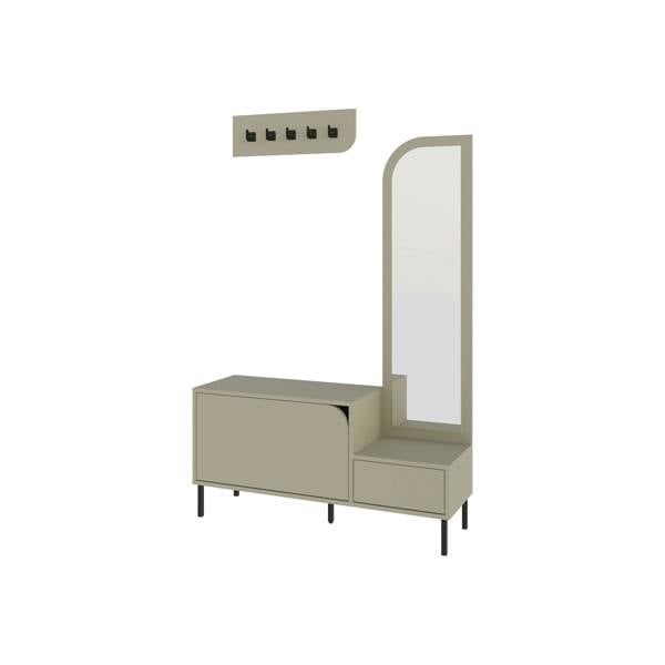 Decortie Modern Mila Coat Stand Set with Mirror and 2-Door Shoe Cabinet with 5 Metal Hooks Hanger 1.72(H)cm