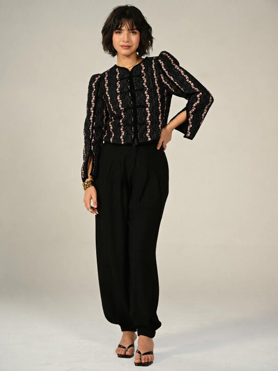 Rose & Nancy Queenie Black Floral Print Velvet Trim Military Jacket