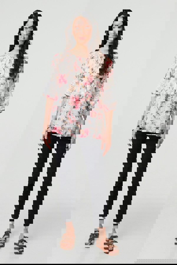 Pink | Floral Lace Trim Bardot Neck Blouse
