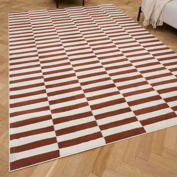 Checkered brown and white rug on a wooden floor