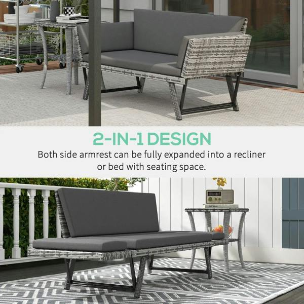 Grey rattan daybed sofa with dark cushions and woven armrest panels