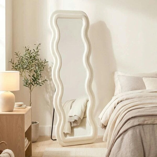 Full Length Mirror, 160 x 60 cm Wavy Full Body Wall Standing Mirror with Velvet Frame and Tempered Glass, Cream White