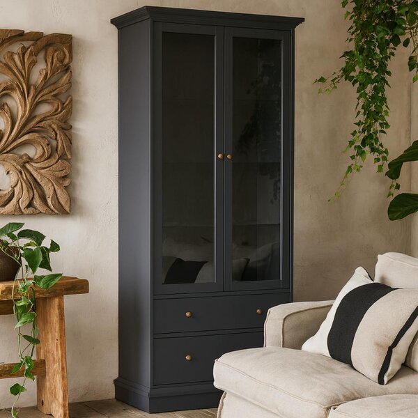 Wyld Haus Osaka Farmhouse Dark Grey Wooden China Cabinet 2 Drawers 2 Doors 3 Shelves