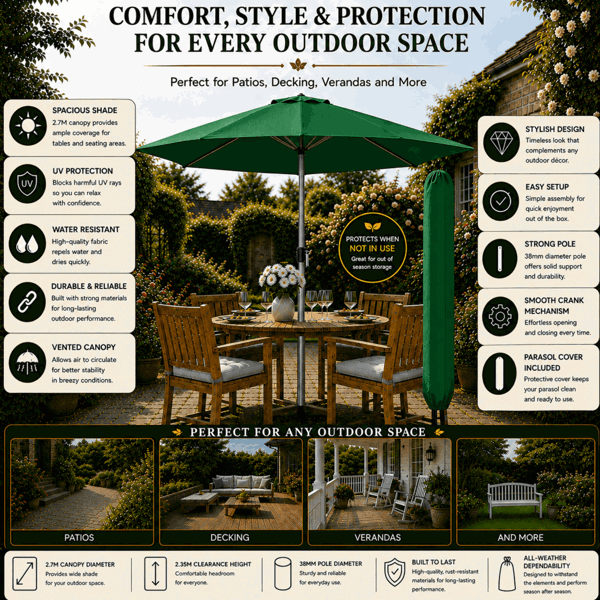 GlamHaus Tilting Garden Parasol Table Umbrella 2.7M with Crank Handle, UV40 Protection, Includes Protection Cover - Green