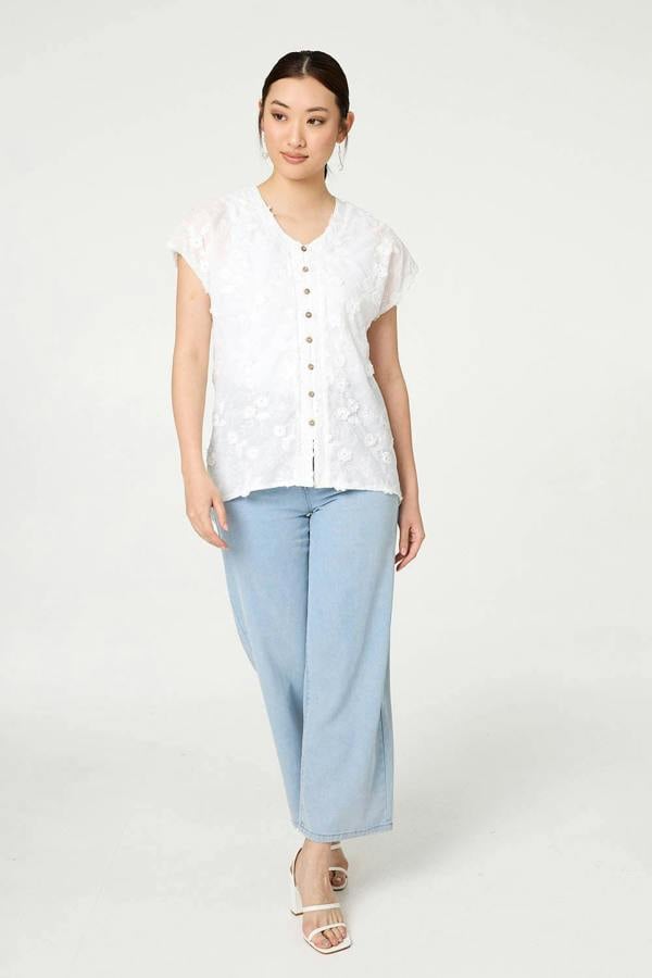 White | Floral Textured Cap Sleeve Blouse