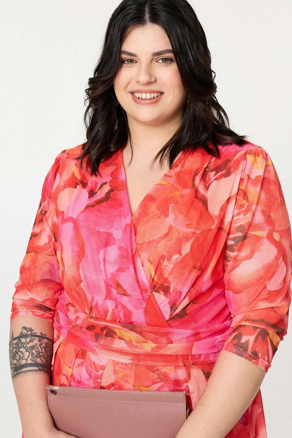 Orange | Curve Floral Mesh Midi Faux Wrap Dress