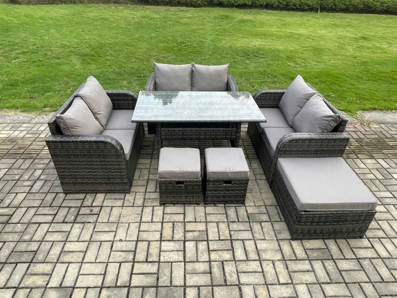 Fimous 9 Seater Outdoor Rattan Garden Furniture Set with Patio Rectangular Dining Table Love Sofa 3 Footstools Dark Grey Mixed