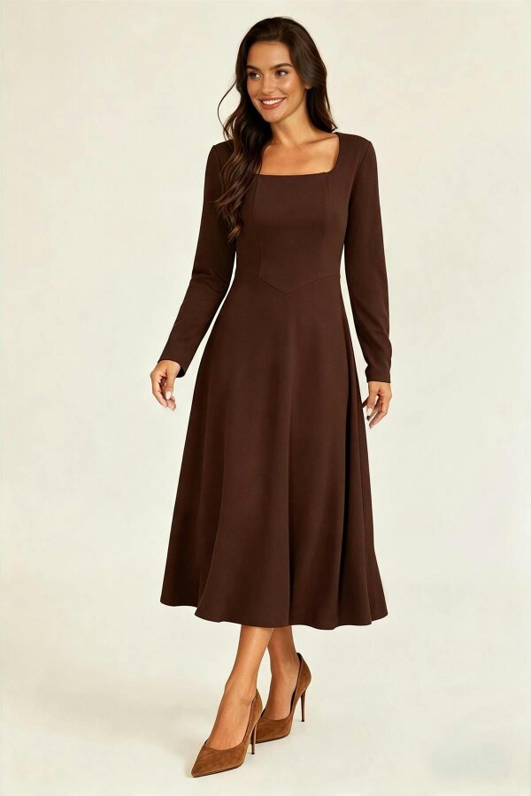 FS Collection Square Neck Long Sleeve Fit & Flare Midi Dress Espresso