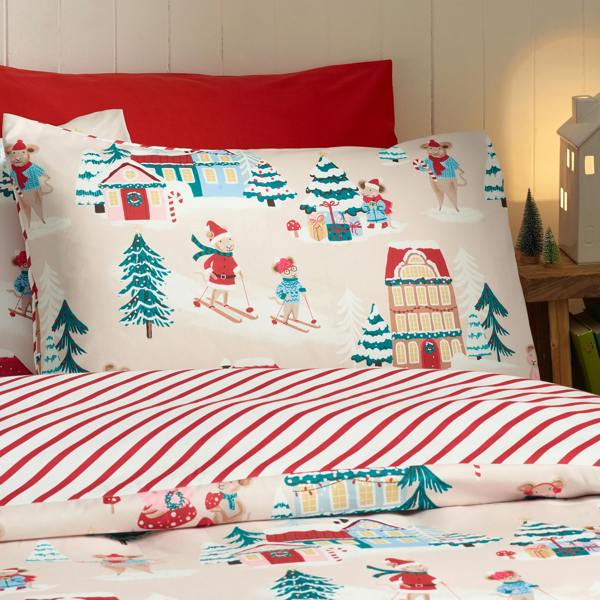Catherine Lansfield Christmas Mouse Town Reversible Duvet Cover Set Natural