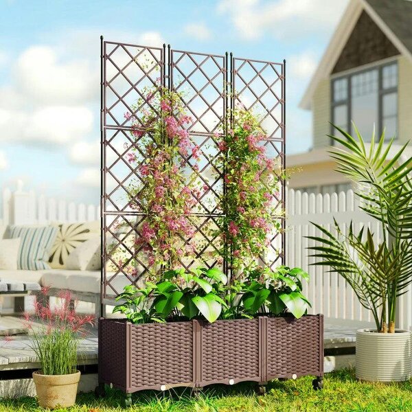 Plastic Raised Planter with Trellis, Self Watering Raised Bed for Garden with Wheels, Drainage Holes, Brown - Brown