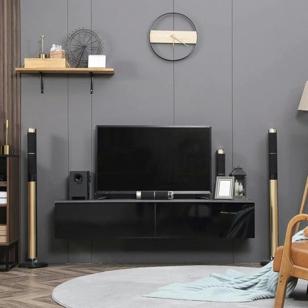 Wall-mounted glossy black TV cabinet with central electronics shelf and base storage