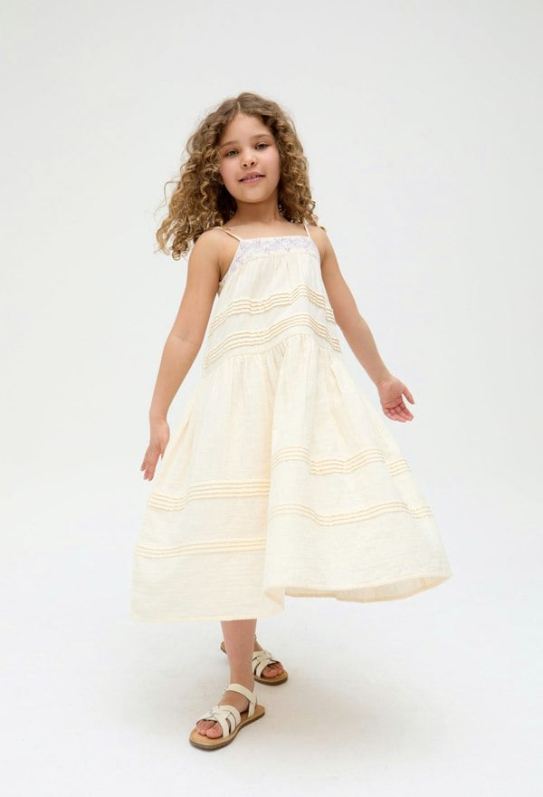 Kids Swish Pinktuck cotton embroidered Dress In Cream - image 3
