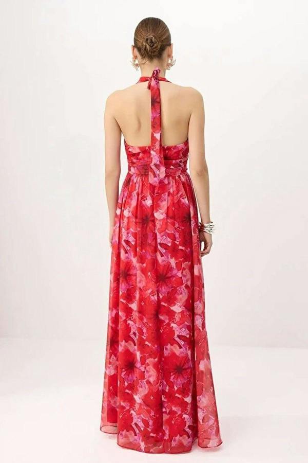 WOVCOR A-Line Floral Pattern V-Neck Woven Long Dress