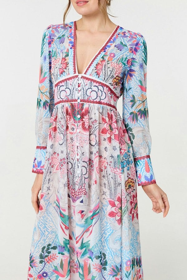 Blue | Floral Empire Waist Long Sleeve Maxi Dress
