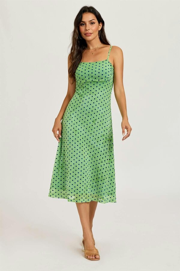 FS Collection Mottled Effect Devore Polka Dot Mesh Cami Midi Dress In Green