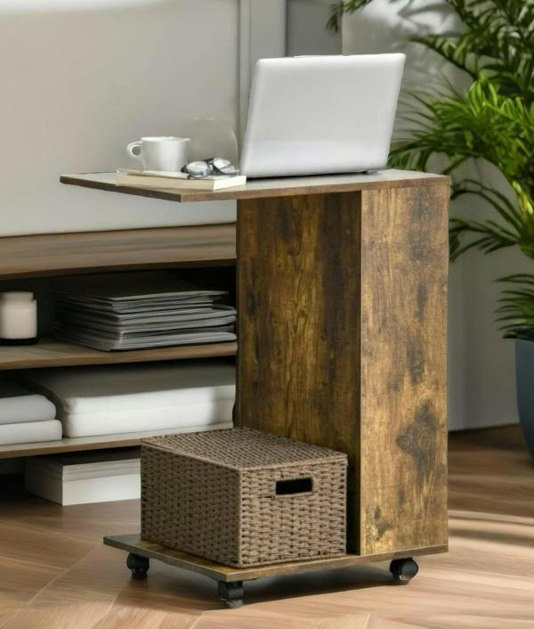 ADOV C Shaped Side Table with Wheels, Industrial Sofa End Table with Open Storage for Living Room and Bedroom