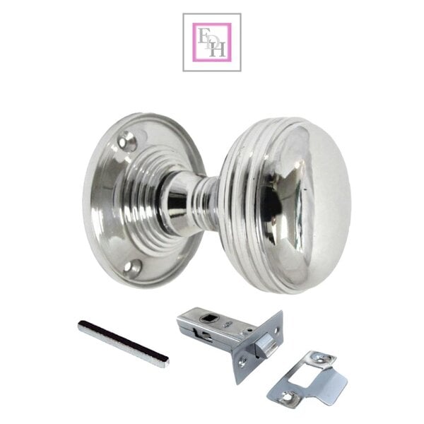 EDH Door Hardware Polished Chrome Reeded Door Knobs + Latch Set Sprung Handles 1 Pair