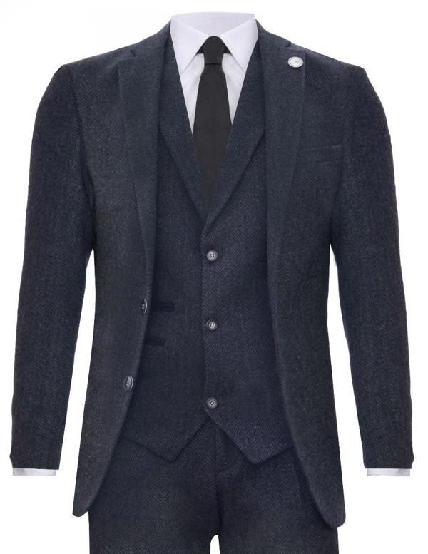 TruClothing Men's 3 Piece Charcoal Grey Herringbone Tweed Suit