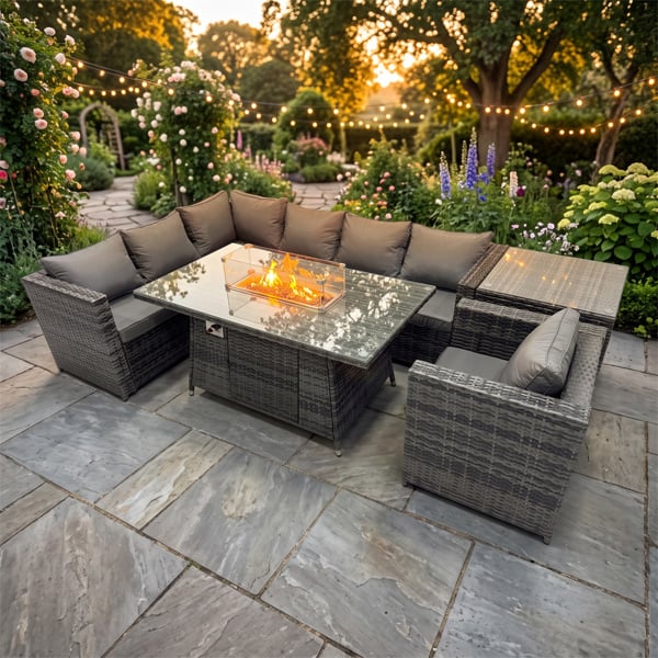 Fimous 7 Seater Rattan Garden Furniture Set with Gas Fire Pit Dining Table, Corner Sofa, Side Table & Chair - Dark Grey Mixed