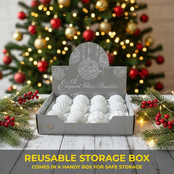 8cm White Glass Christmas Baubles 12 Pack with 6 Festive Designs image 9