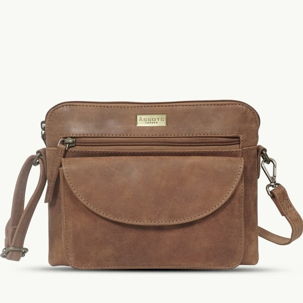 Assots London JEAN' Tan Distressed Real Leather Crossbody Bag