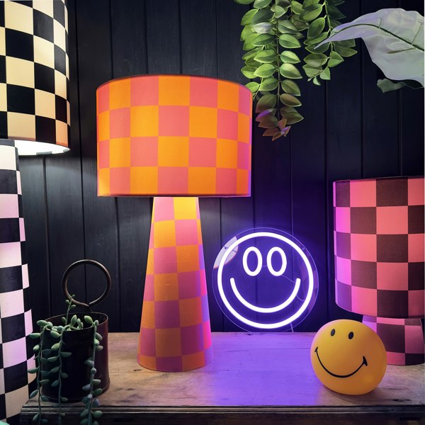 Handmade Checkerboard Velvet lamps in Tutti Frutti. Orange and Pink Checkerboard Lamps - The Midi