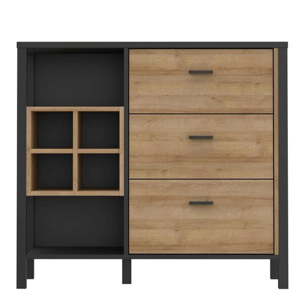 Wyld Haus Yokohama Black and Natural Oak Wood 3 Drawer Display Chest Bar Cabinet