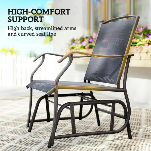 Grey high-back rocking chair with streamlined arms and textured seat sling