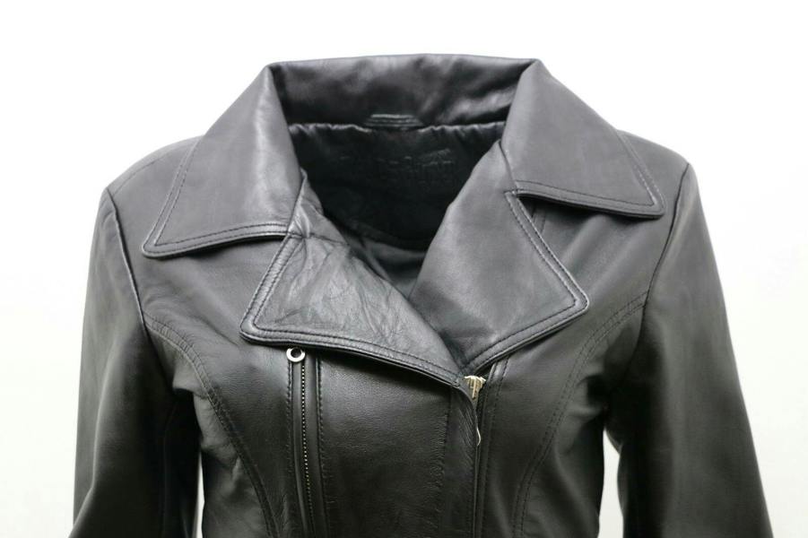 Womens Md Length Leather Biker Jacket-Okehampton - Upperclass Fashions 