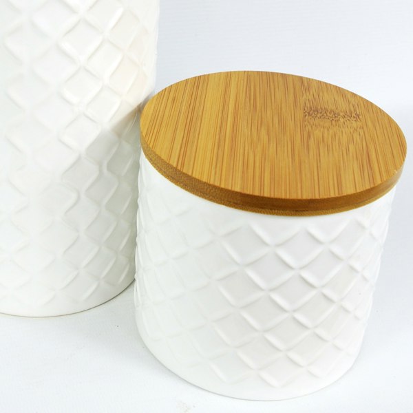 Leaf Set of Two Ceramic Jars Embossed Cream Canisters with Lids