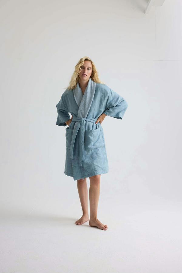 Pretty You London Short Terry Lined Linen Robe In Blue Haze