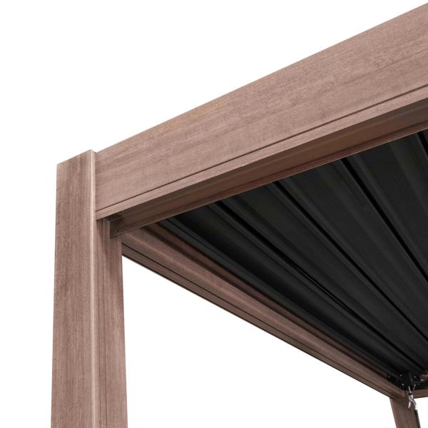 Wood effect aluminium pergola featuring adjustable blinds and two louvre panels, showcasing a sleek, modern design in a warm brown finish